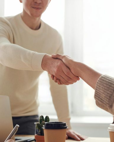 Two people shaking hands over a chessboard in a bright room.