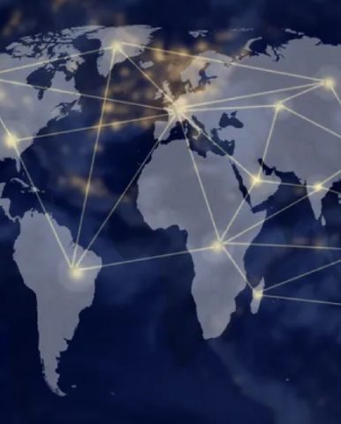 Global network connections illustrated across continents.