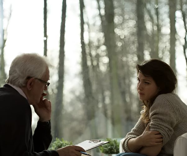 Two people engaged in a serious conversation in a forest.