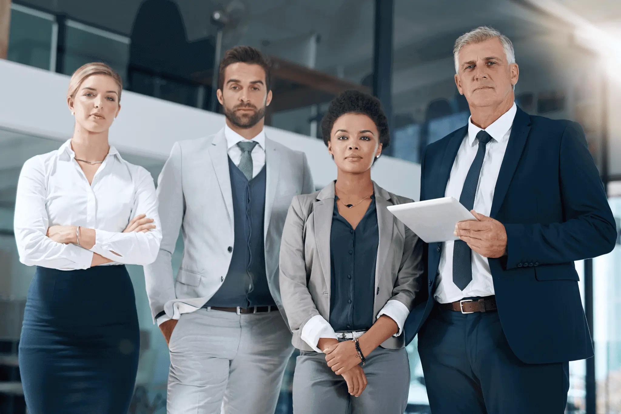 Business team standing confidently in an office setting.
